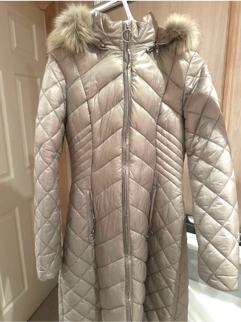 Women's Taupe Quilted Long Puffer Coat with Faux-Fur Hood